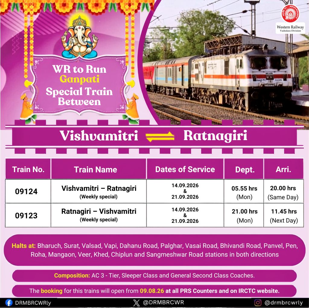 DRMBRCWR's tweet photo. To facilitate passengers and accommodate the additional rush during Ganeshotsav, Western Railway's Vadodara Division will run 09124/09123  Vishvamitri – Ratnagiri – Vishvamitri Weekly Special Train. 

Booking for 09124 special train will commence from 09.08.2026 at all PRS counters and on the IRCTC website.   

For detailed information regarding stoppages and train composition, passengers are requested to visit the official railway website https://t.co/TF37GwKtvo