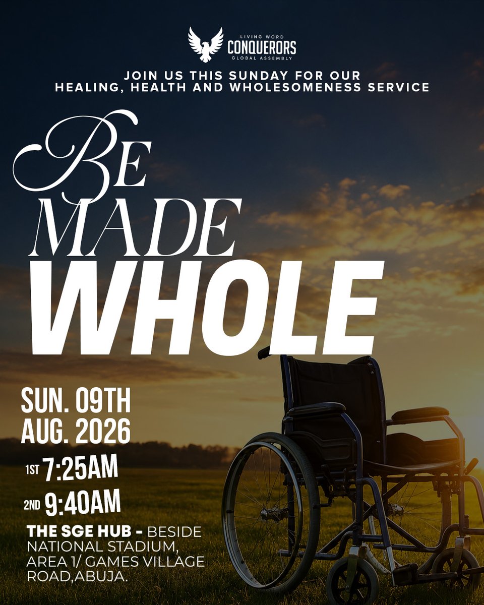 BishopDOAbioye's tweet photo. There are moments when all you need is one encounter with God to change the story.

The pain may have lasted for years. The weakness may have become familiar. The report may have sounded final. But when Jesus steps into the picture, what looked impossible can become a testimony.

This Sunday, we gather for a special Healing, Health and Wholesomeness Service—a time to encounter the restoring power of God and be reminded that His desire is for His people to walk in the fullness of life, strength, and wholeness.

God is still healing.
God is still restoring.
God is still renewing strength.
God is still turning testimonies around.

Whatever area of your life needs His touch, come with an open heart and an expectation of faith. Don't allow yesterday's experience to determine what God can do today.

Perhaps you have carried the weight for too long.
Perhaps you have prayed about it repeatedly.
Perhaps you have almost accepted it as your new normal.

This Sunday, come believing that God can make you whole.

Come with your family. Come with someone who needs healing. Come expecting an encounter that will leave you with a testimony.

“I shall not die, but live, and declare the works of the LORD.” — Psalm 118:17
You are not coming to watch a service. You are coming to encounter the God who makes whole.

#BeMadeWhole #HealingHealthAndWholesomeness #HealingService #ConquerorsGlobalAssembly #BishopDavidAbioye