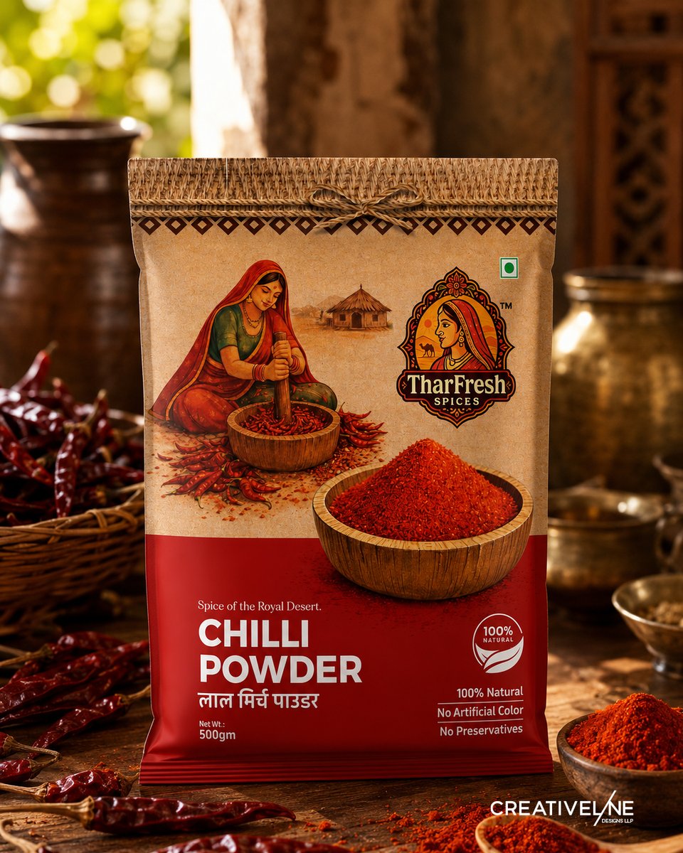 creativeline's tweet photo. A bold packaging identity for TharFresh Chilli Powder, inspired by Rajasthan’s heritage, traditional craftsmanship, and the rich character of Indian spices.
Packaging Design by Creativeline Designs LLP
#PackagingDesign #FoodPackaging #BrandIdentity #GraphicDesign #Creativeline https://t.co/76EpQfuyVm