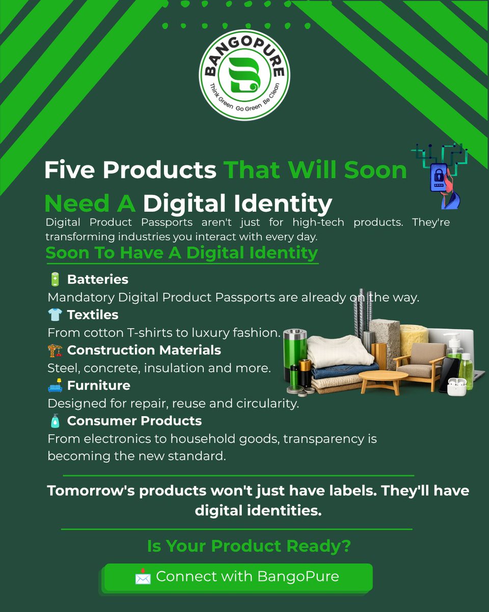 bangopure's tweet photo. Five products.
One future.
Digital identities are coming to more products than you think.
Is your business ready?
#DigitalProductPassport #Traceability #Manufacturing #DPP https://t.co/7ZpIdug4O3