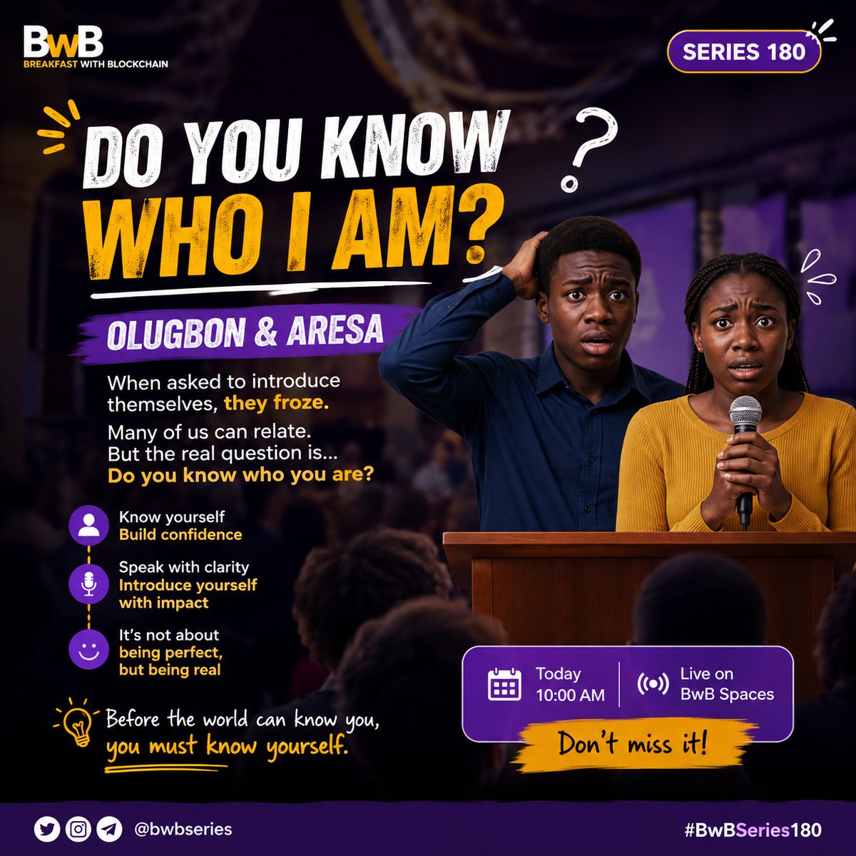 JosephOlug24570's tweet photo. @bwbseries Today's interesting topic is knowing who you are! https://t.co/40q8WoT0Q5