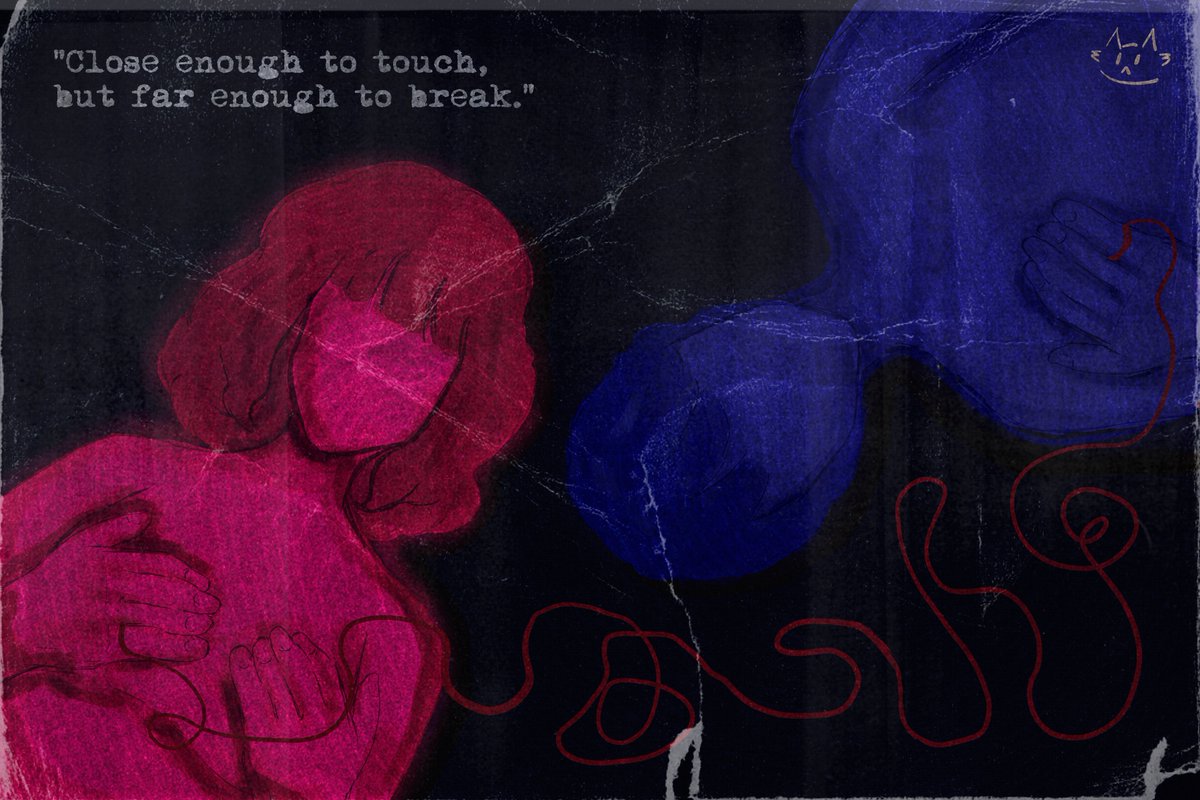 icecioffee's tweet photo. Tied by destiny, but broken by reality. The red string isn't always a promise of eternal love; sometimes, it’s just a chain of shared sorrow.

A visual meditation on a love that was written in the stars, but fell apart on earth.

#artmoots #artists #illustration #art https://t.co/Ex9ciFUes1