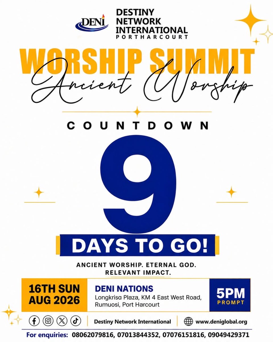 deninations's tweet photo. 🔥 9 DAYS TO GO! 🔥
The countdown is on! 🙌🏽✨
In just 9 days, we gather for an extraordinary encounter of Ancient Worship, Eternal God &amp; Relevant Impact!
Get ready for an atmosphere where hearts are lifted, voices unite, and worship🔥Are you ready
#WorshipSummit2026 https://t.co/2ZKXAHfKtI