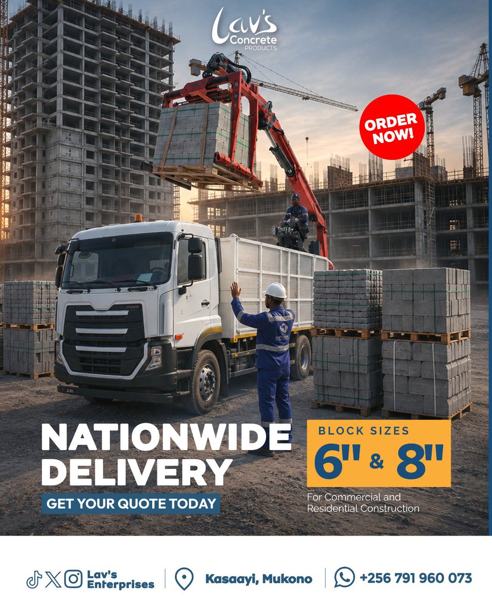 LavsEnterprises's tweet photo. 🚧 Building Uganda’s future, one solid block at a time.

✅ Nationwide delivery
✅ Ready for immediate order
✅ Trusted quality you can build on
Get your free quote today and keep your site moving without delays.

📍 Kasaayi, Mukono
📞 +256 791 960 073

Order now and experience the Lav’s difference