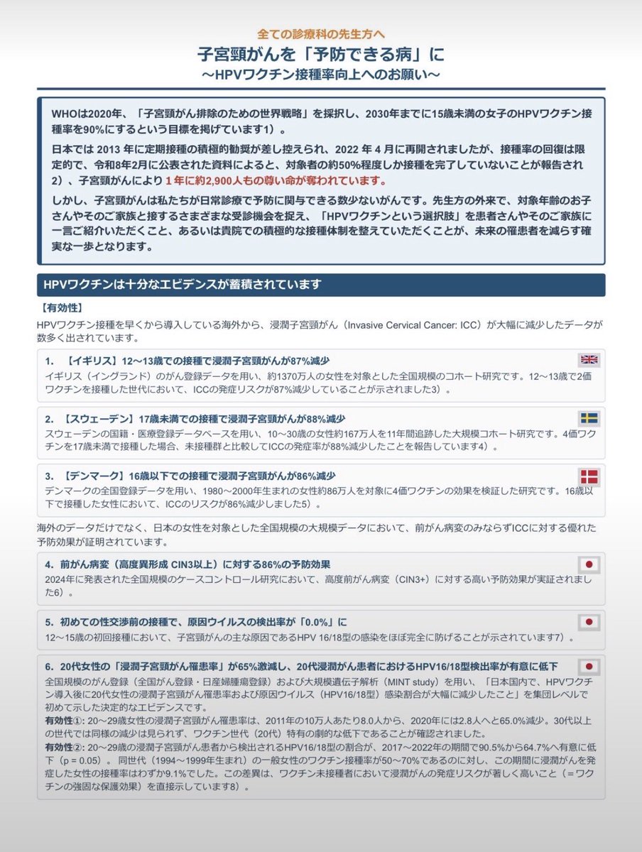 n_kata's tweet photo. 山中伸弥教授がHPVワクチンについて、

「ワクチンを打つと将来何か起こるんじゃないか、不妊になるんじゃないか、という心配をされている方もいるかもしれません。それは根拠のないデマです。」

と、かなり明確に発言されています。

そして今回、日本産科婦人科学会から、

「全ての診療科の先生方へ」

つまり産婦人科医だけではなく、
全ての医師に向けて「HPVワクチン接種率向上のお願い」が出されました。

その中にある、

「日本では子宮頸がんにより1年に約2,900人もの尊い命が奪われています」

という言葉は重いと思います。

私も医師として、HPVワクチンは接種を推奨する立場です。

もちろん、ワクチンである以上、副反応がゼロということはありません。

しかし医療は「リスクがゼロかどうか」で判断するものではありません。

接種することによるリスクとベネフィット、そして接種しなかった場合に将来どのようなリスクが残るのか。

それらを比較して判断するものです。

そしてもう一つ。

ワクチンについて議論するとき、多くの人が「打った場合に何が起きるか」だけを考えます。

しかし医療では、

「打たなかった場合に何が起きるか」

も同時に考えなければなりません。

薬にも副作用があります。

手術にも合併症があります。

ワクチンにも副反応があります。

だからといって必要な治療を全部やめれば安全になるわけではありません。