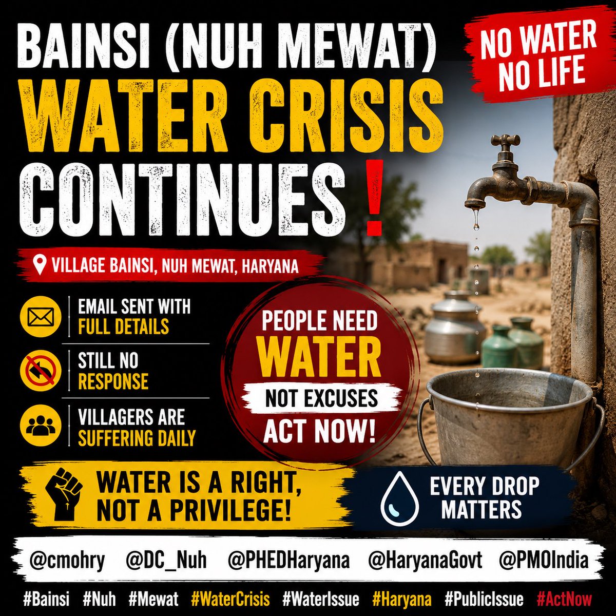 verma33333's tweet photo. @hryhelpdesk Villagers of Bainsi (Nuh Mewat) suffering daily without water ❗
Emails sent, proofs shared—still no response.
Where is accountability?

@cmohry @Districtnuh @phedhry @hryhelpdesk @hryhelpdesk 

#Bainsi #Nuh #WaterCrisis #Accountability #PublicIssue https://t.co/U3fciI4QbN