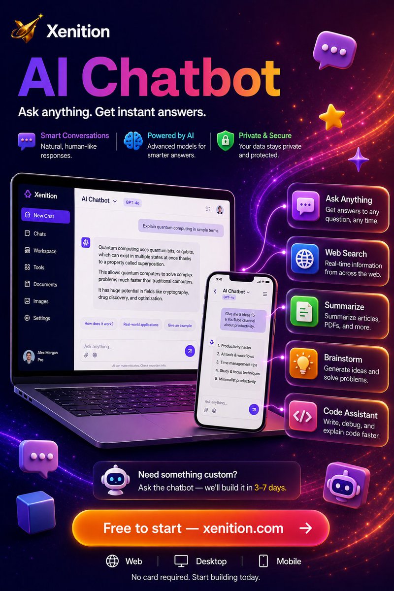 MartaRuiz49's tweet photo. One chatbot. Endless possibilities.

💬 Ask anything
🌐 Search the web
📝 Summarize documents
💡 Brainstorm ideas
💻 Code faster
🧠 Remember your context

And if the tool you need doesn't exist? Just ask—we'll build it in 3–7 days. https://t.co/tkBs5zUDV6