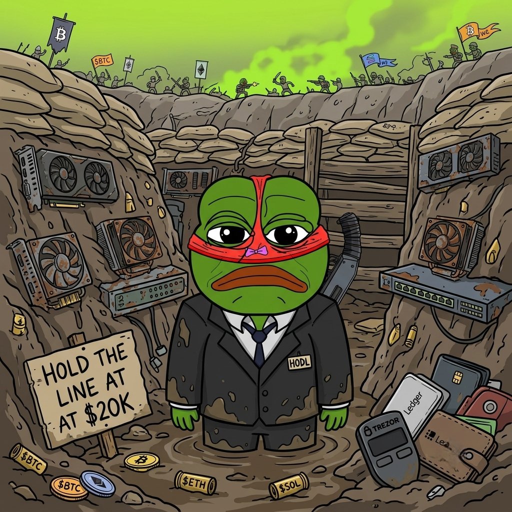 roaringpepe's tweet photo. Day 743 in the Solana trenches. 🫡📉

​The commander yelled, "HOLD THE LINE!"... but he didn't specify which one.

At this point, the only thing truly holding the line is the elastic on my face mask. I am tired, boss. 😭🛠️

​#Solana #CryptoTrenches #HODL #CryptoMemes https://t.co/KsaiFLlKkQ