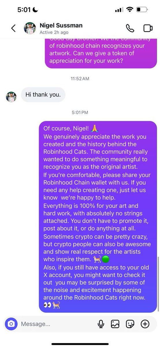 RobinhoodCats_x's tweet photo. 🐈 WE FOUND THE ARTIST.
We reached out to @nigelsussman  the original artist behind the Robinhood Cats murals.
We told him what we're building and that the community wants to recognize his work with 2% of the supply + creator fees.
No strings attached. No promotion required.
We just want to give back to the person who created the art that started it all.
Now we wait. 👀
Imagine the day we see “here’s my wallet.” 🟢🐈0xd5170c8d1ccecdb9182cbd5b902efbab2396369a