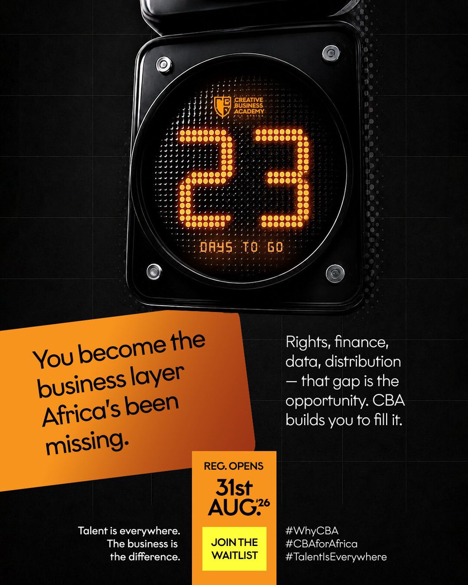 cbaforafrica's tweet photo. You become the business layer Africa’s been missing.
Rights. Finance. Data. Distribution. That gap is the opportunity.
Waitlist now. Opens 31 Aug.
#WhyCBA #CBAforAfrica #TalentIsEverywhere https://t.co/MDNV7Jftd8