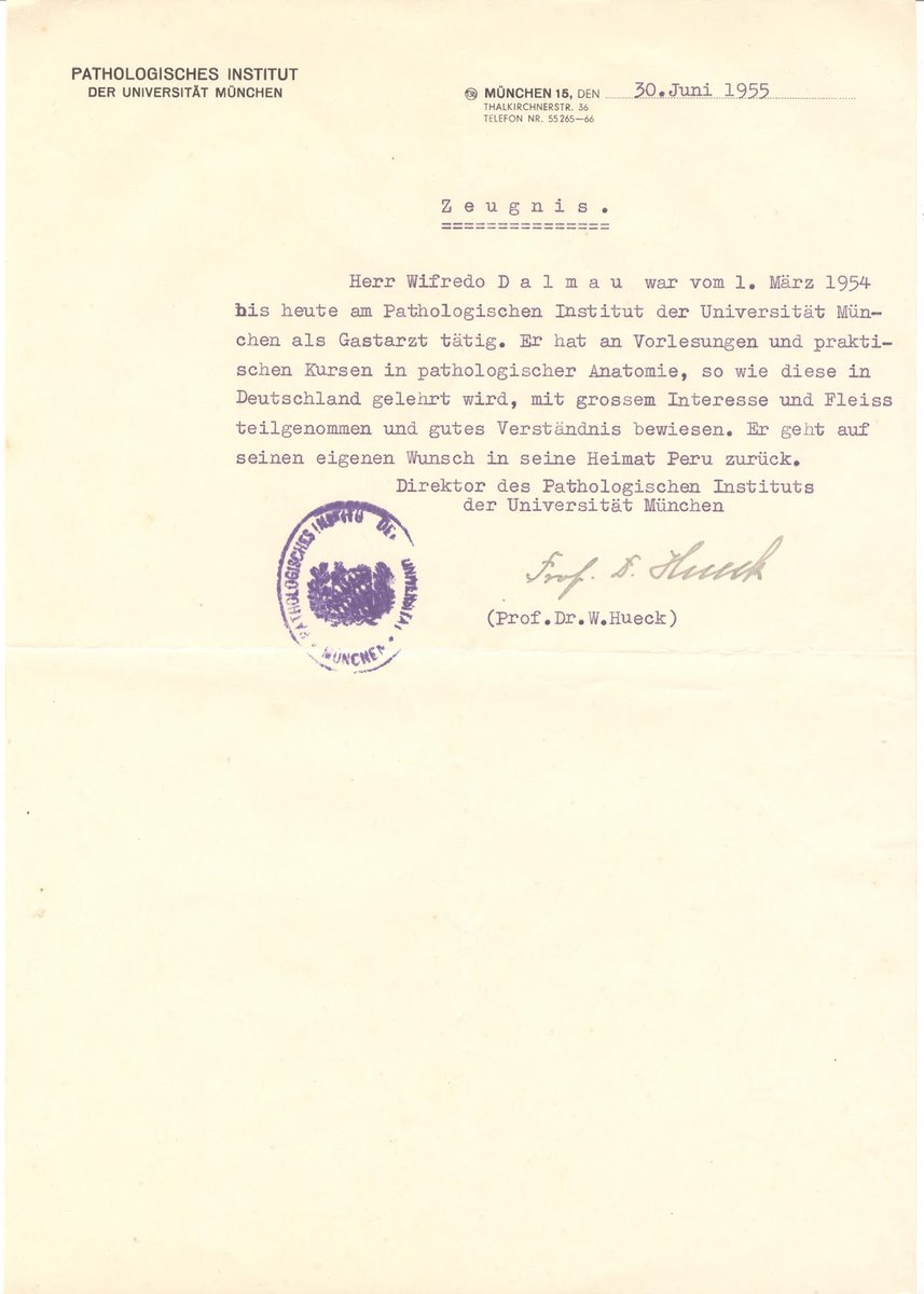 MaximoDalmau's tweet photo. Transcripción del documento:
PATHOLOGISCHES INSTITUT
DER UNIVERSITÄT MÜNCHEN MÜNCHEN 15, DEN 30. Juni 1955
THALKIRCHNERSTR. 36
TELEFON NR. 55 265���66 Zeugnis. Herr Wifredo Dalmau war vom 1. März 1954 bis heute am Pathologischen Institut der Universität München
als Gastarzt tätig.. https://t.co/qP7nNcPueu