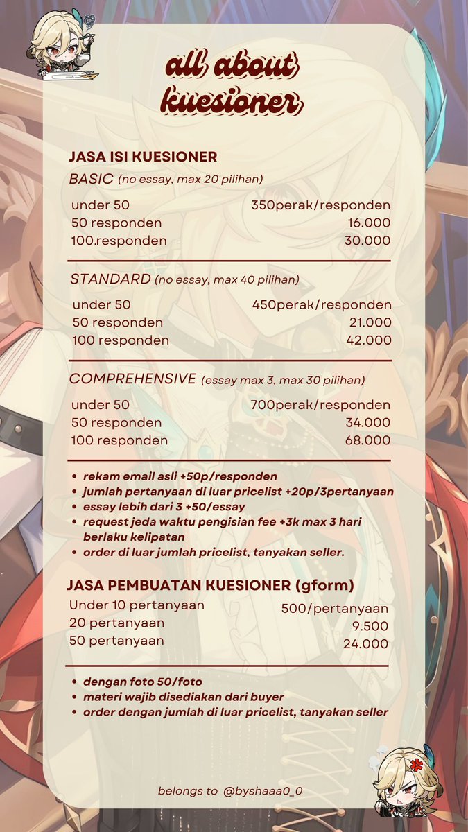byshaaa0_0's tweet photo. joki isi kuesioner - jasa responden

testi: https://t.co/FQb3Z5YqoQ
order: https://t.co/Zk89PYkGRg

❗HARGA DI BAWAH HANYA KISARAN, SETIAP KUESIONER PUNYA KOMPLEKSITAS YANG BERBEDA-BEDA❗ https://t.co/6NkCxXIG3F