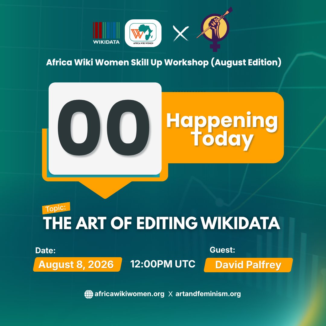 africawikiwomen's tweet photo. It’s TODAY🥳
Africa Wiki Women August SkillUp workshop is happening today @ 12:00pm UTC | 1:00pm WAT
Get Skilled Up, Join the Edit-a-thon, Win awards 🎉🚀
You can still register: https://t.co/WmdvALjhgy💁♀️
#AfricaWikiWomen #Wikidata #OpenData #SkillUpWorkshop #artandfeminism https://t.co/9C0mAoxwNK