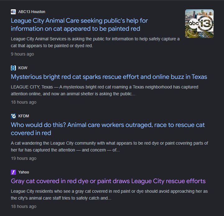 Wrizzy_'s tweet photo. MOST TALKED ABOUT CAT TODAY, SIMILIAR STORY TO JIMOTHY

A cat painted in red was spotted yesterday in League City, and the Internet has gone absolutely wild about it and everyone is trying to find rn, this is literally following the exact same path of Jimothy.

There's so many news articles and posts about it 

B7Yt9TBjNSv3UwGfPQmJfgc5exSzf5Rq2ePVNux3pump

https://t.co/6bcgWr37FX

https://t.co/7i75p5EYT3

https://t.co/kV62GFH0Uq