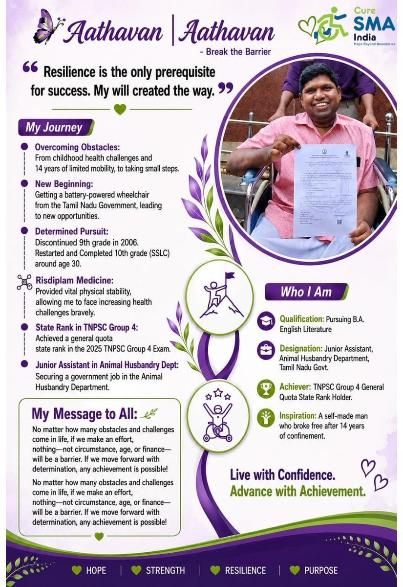 curesmaindia's tweet photo. "Resilience is the prerequisite for success. My will created the way” Meet Aathavan from TN 💜 From 14 years of limited mobility to completing SSLC at 30, securing a TNPSC Group 4 state rank and a govt job- his journey proves determination can create a way forward. 
#SMAawareness https://t.co/0Pqoi1ADUb