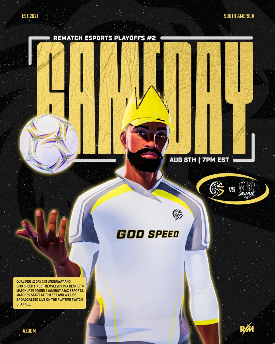 GodSpeedES's tweet photo. Gameday for our players in the Play-Offs 💛

🆚 AJAX Esport
⏰ 7:00PM EST
🎥 https://t.co/OluM23OMuc

@RematchEsports | #Zoom https://t.co/39OAdiFw8S