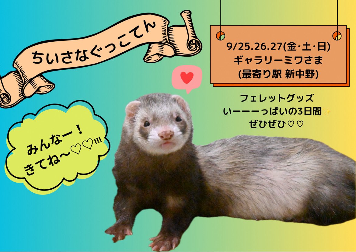 gallery_miwa's tweet photo. 9月の展示のお知らせです😊

ぐっこさん @guccoguchiko の個展

「ぐっこてん」
2026年9月25日(金)～27日(日)
11:00～18:00

フェレットグッズの展示販売
アパレル、小物雑貨など

可愛いフェレットグッズがたくさん！
是非お越しください😊

#個展 
#ギャラリーミワ
#フェレット https://t.co/91ix9K7BpY
