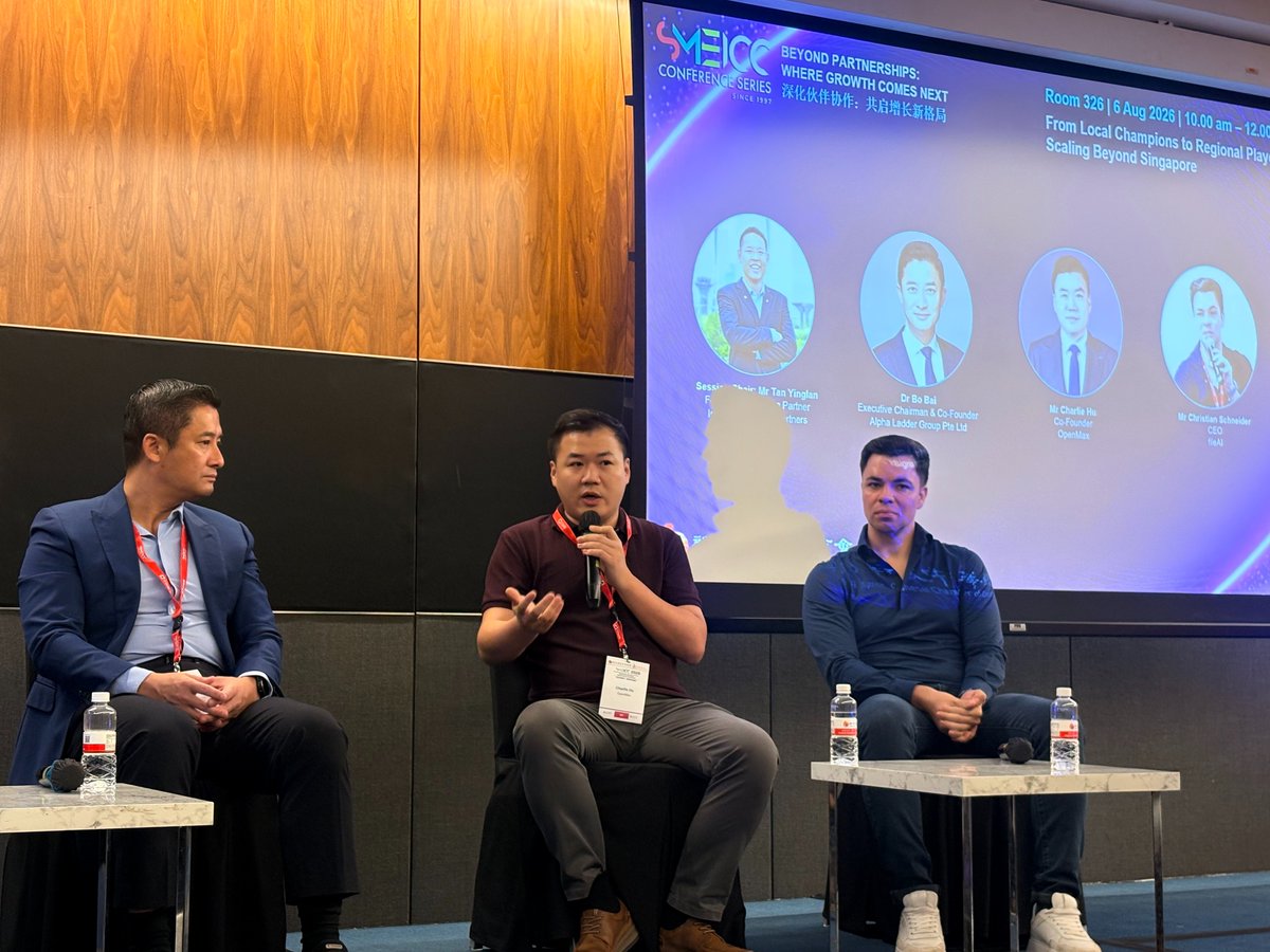 OpenMaxAI's tweet photo. Going regional rarely fails on strategy. It fails on execution.

At SMEICC 2026's "Scaling Beyond Singapore" session, @CharliehuAI  Co-Founder of OpenMax; Dr Bo Bai, Executive Chairman & Co-Founder of Alpha Ladder Group; and Christian Schneider, CEO of fileAI. It was chaired by Yinglan Tan, Founding Managing Partner of Insignia Ventures Partners. — moving past the usual growth playbook to the unglamorous work that actually decides who scales: building the operations, processes, and organization underneath, layer by layer.

Charlie's read on enterprise AI: the experiment phase is over. Agentic AI is fast becoming the next engine of business transformation, and as adoption costs fall, the real question turns from whether to deploy it to how fast.

That's exactly what OpenMax is built for: embedding AI into how companies run day to day, so growth is something a business can stand on, not just aim for.

Grateful to SCCCI for the platform, and for two great days on stage and at our booth.