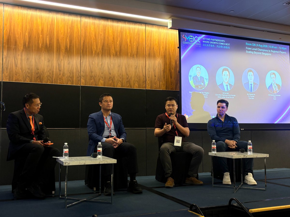 OpenMaxAI's tweet photo. Going regional rarely fails on strategy. It fails on execution.

At SMEICC 2026's "Scaling Beyond Singapore" session, @CharliehuAI  Co-Founder of OpenMax; Dr Bo Bai, Executive Chairman & Co-Founder of Alpha Ladder Group; and Christian Schneider, CEO of fileAI. It was chaired by Yinglan Tan, Founding Managing Partner of Insignia Ventures Partners. — moving past the usual growth playbook to the unglamorous work that actually decides who scales: building the operations, processes, and organization underneath, layer by layer.

Charlie's read on enterprise AI: the experiment phase is over. Agentic AI is fast becoming the next engine of business transformation, and as adoption costs fall, the real question turns from whether to deploy it to how fast.

That's exactly what OpenMax is built for: embedding AI into how companies run day to day, so growth is something a business can stand on, not just aim for.

Grateful to SCCCI for the platform, and for two great days on stage and at our booth.