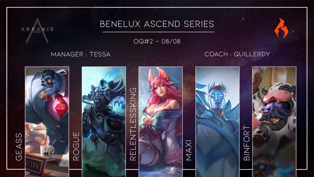 ArrakisESport's tweet photo. 💫 BENELUX - OQ#2 💫

🛡️ @GeassLoL 
🌳 Rogue 
🪄 @R3lentlessKing 
🏹 @macriusmen 
🚑 @Binfortlol 

👨‍🍳 @QuillerDye 
🤰@ARKTessa 

🎥 : https://t.co/sTB1Iz5Nkx
⏰ : 13h 
🎙️: @Sub_K3neki https://t.co/wPHyn57Ych