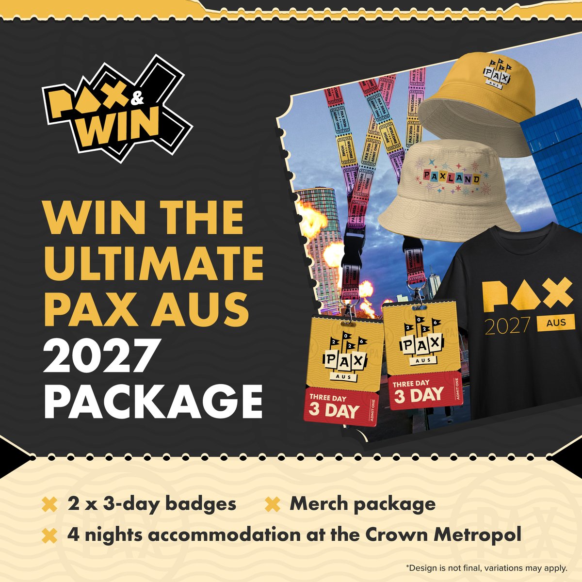 PAXAus's tweet photo. 🎮 WIN The Ultimate PAX Aus 2027 Package

What’s better than going to PAX? Going to PAX on PAX!

One lucky human will score:
• 2× 3-Day Badges to PAX Aus 2027
• 4 nights at Crown Metropol (very fancy, very close, very good for collapsing after a long day of games)
• A merch package so you can arrive at PAX already looking like you’ve been to PAX

To enter, simply book your badge + follow the PAX & Win competition instructions on checkout. Complete every action to unlock bonus entries and increase your chances.

Book your badge: https://t.co/ENDtYAvkWY
Already booked? Here is the link to enter: https://t.co/VHts6VMvy9

Contest closes 11 Oct 2026. Winners drawn 20 Oct 2026.
Open to Australian residents only.