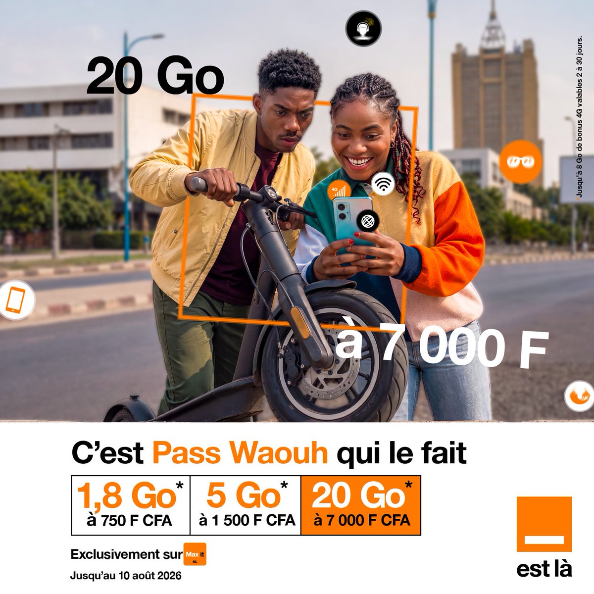 Orange_Mali's tweet photo. Ce week-end, c'est encore plus de gigas avec les nouveaux Pass Waouh !
Rendez-vous exclusivement sur Max it 👉 https://t.co/Z2m55VtTM0
#PassWaouh #InternetMobile #Internet4G #Maxit #OrangeMali #OrangeEstLà https://t.co/zv6Sbv1mP2