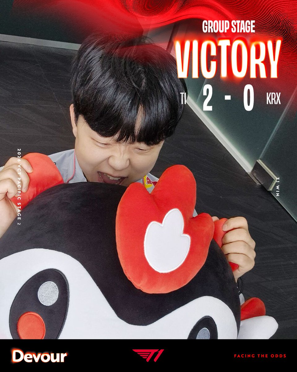 T1's tweet photo. VICTORY I vs KRX

다음 경기에서도 좋은 모습 보여드리겠습니다! 
We'll bring our A-game to the next match!

#T1VALORANT #DEVOUR https://t.co/tinGPbqvkT