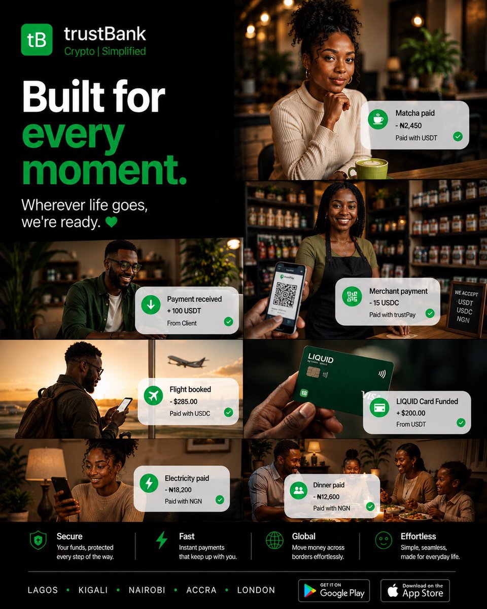 __theCEO's tweet photo. Different people.
Different ambitions.
Different moments.

One platform built to move with all of them.💚

Focus on living. We’ll handle the banking @trustbanktech 

#Fintech #Crypto #Payments #全世界都爱敖尹 #EmergingMarkets https://t.co/L0FpVo686L