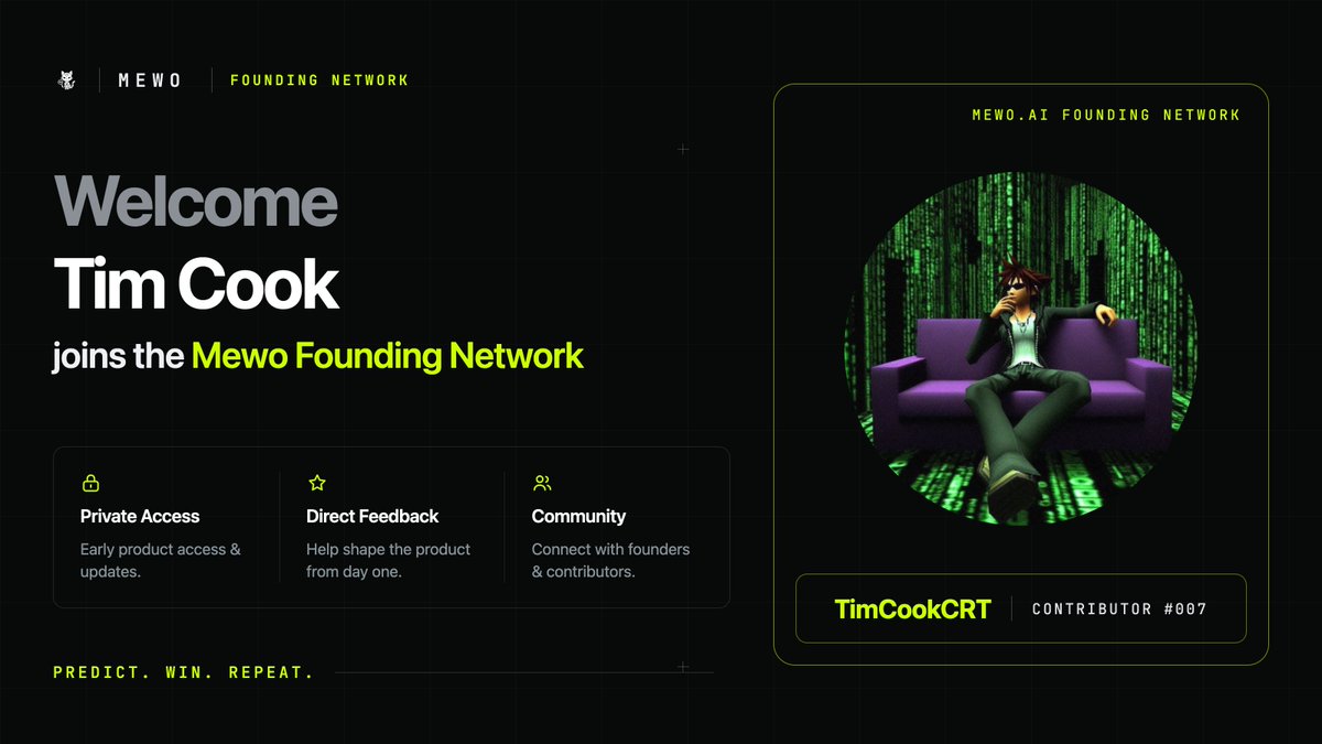 mewo_ai's tweet photo. Big news: Another builder joins the journey.  

Welcome Tim Cook (@timcookCRT) to the Mewo Founding Network.    

Excited to build, test, and shape Mewo together.  

Predict. Win. Repeat.  

On @RobinhoodCrypto https://t.co/S8yfgGSTin
