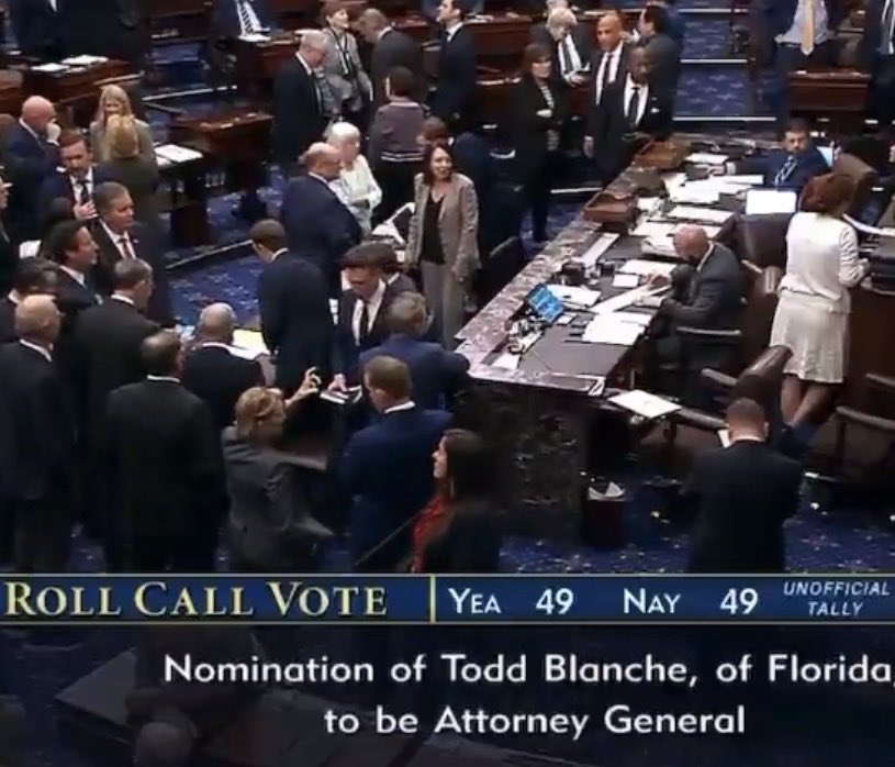 bennyjohnson's tweet photo. BREAKING: The U.S. Senate has CONFIRMED Todd Blanche to lead the DOJ as Attorney General after beating a razor-thin 50-49 vote.

Every Republican Senator should have voted for him.

The American people voted to enact Trump’s agenda. Get it done. https://t.co/5u66UPZN53