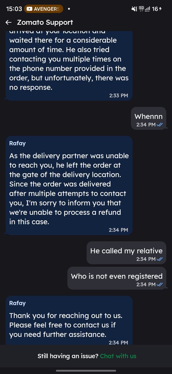 joshipran's tweet photo. @zomato Recently your service has been sh*tty to say the least. Ordered a biryani, didn't receive any call from delivery parter, but he marked it delivered.
Tried reaching customer care, no use. No one was even ready to talk on call and ended the chat without resolving the issue https://t.co/w28KTYAVKa