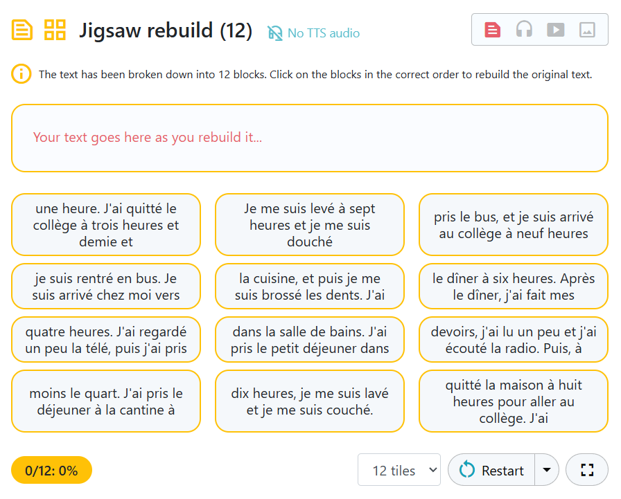TextActivities's tweet photo. 1 text-rebuild activity, 4 separate modes 👇👇👇

1⃣ text rebuild (context only)
2⃣ dictation
3⃣ translation
4⃣ dictranslation

x multiple text-rebuild activity formats = 🤯
#mfltwitterati #langchat #mflchat #flteach https://t.co/tPtKNkjabs