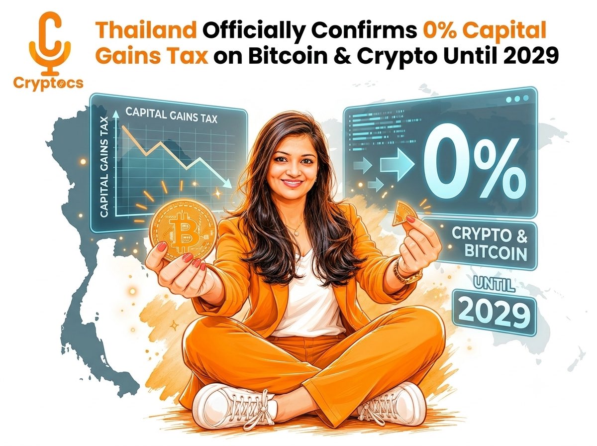cryptocsindia's tweet photo. Thailand just made crypto investors look twice. 👀🇹🇭

0% tax on qualifying crypto capital gains through 2029 — subject to trading through licensed Thai digital-asset operators.
The bigger question:
Will other countries compete for crypto capital next? 
#Bitcoin #Crypto #thailand https://t.co/pE33q0VQe9