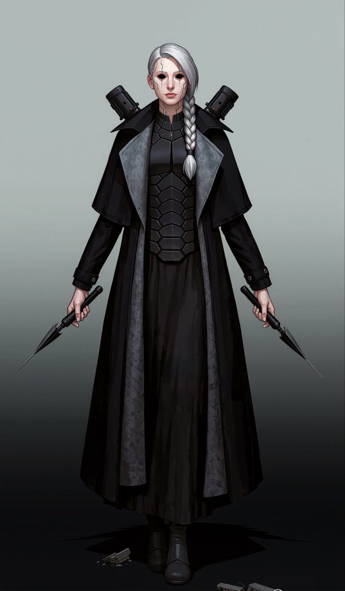 Ifukor's tweet photo. Name: Lysandra “Null” Veyra
Alias: The Quiet Ordnance / Silence Protocol
Appearance:
A tall, slender woman in her early 30s with porcelain-pale skin and long, ash-white hair that falls in a single thick braid. Her eyes are completely black no iris, no sclera like twin voids that swallow light. Thin silver circuitry traces across her temples and down her neck like elegant scars. She wears a long, high-collared black coat lined with soft gray felt that never makes a sound when it moves. Underneath is form-fitting dark armor covered in small, matte-black hexagonal plates. On her back rests a pair of folded, wing-like structures that are actually compressed sonic projectors. In her hands she carries two sleek, matte-black batons that can extend into long, needle-thin spears or collapse into short, high-frequency blades.