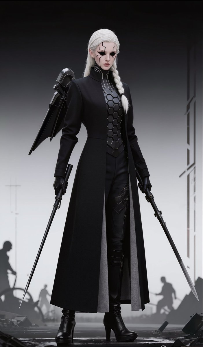 Ifukor's tweet photo. Name: Lysandra “Null” Veyra
Alias: The Quiet Ordnance / Silence Protocol
Appearance:
A tall, slender woman in her early 30s with porcelain-pale skin and long, ash-white hair that falls in a single thick braid. Her eyes are completely black no iris, no sclera like twin voids that swallow light. Thin silver circuitry traces across her temples and down her neck like elegant scars. She wears a long, high-collared black coat lined with soft gray felt that never makes a sound when it moves. Underneath is form-fitting dark armor covered in small, matte-black hexagonal plates. On her back rests a pair of folded, wing-like structures that are actually compressed sonic projectors. In her hands she carries two sleek, matte-black batons that can extend into long, needle-thin spears or collapse into short, high-frequency blades.