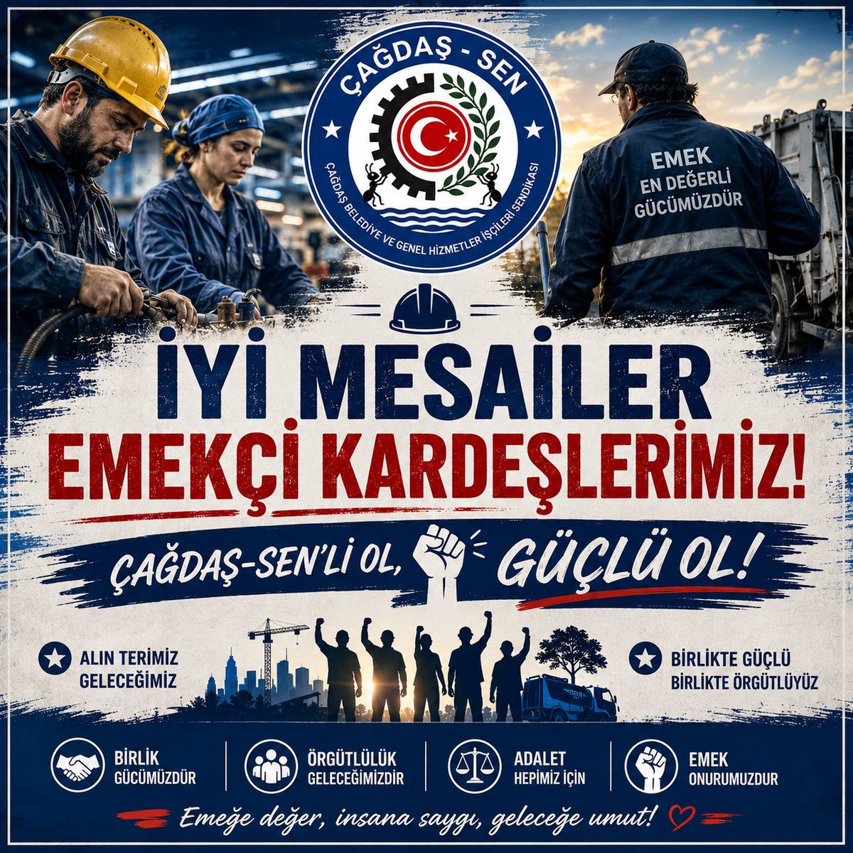 ygtdmrds's tweet photo. Alın teriyle çalışan, üreten ve emeğiyle hayatı var eden tüm emekçilerimize iyi mesailer diliyoruz.

Hafta sonu demeden, gece gündüz demeden çalışan her emekçinin alın teri; bu ülkenin gerçek gücüdür. Hayatı ayakta tutan, sofralara ekmek götüren, kentleri büyüten ve geleceği inşa eden emeğin kendisidir.

Biz biliyoruz ki birlik olduğumuzda, omuz omuza verdiğimizde ve örgütlü mücadele ettiğimizde daha güçlüyüz.

Birlik gücümüzdür.
Beraberlik geleceğimizdir.
Alın terimiz onurumuzdur.
Emeğimiz en büyük değerimizdir.

Tüm işçi ve emekçi arkadaşlarımıza iyi mesailer diliyoruz.

Çağdaş-Sen’li ol, güçlü ol! ✊
Yaşasın emeğin birliği, yaşasın örgütlü mücadelemiz!

#ÇağdaşSen #ÇağdaşSenliOlGüçlüOl #Emek #Emekçi #İşçi #İşçiSınıfı #AlınTeri #EmeğinGücü #Birlik #Beraberlik #ÖrgütlüMücadele #Sendika #İşçininGücü #EmekMücadelesi #YaşasınEmek