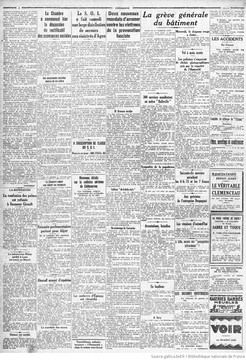 GabLattanzio's tweet photo. Ironie terrible de l'histoire : le PCF a d'abord été intensément... contre la Sécurité sociale.

Je partage avec vous cette archive de L’Huma' du 18 avril 1930. Sur la Sécu', le salaire net, le fascisme. Voyez dans la deuxième capture le sous-titre : "les assurances sociales, source de la vie chère". L'Humanité prend ainsi position contre la solidarité nationale face à la maladie.

En 1928 et 1930, le législatif discute des premières formes d'assurance santé. Ils mettent en place "le précompte", ce qu'on appelle aujourd'hui les prélèvements. Une vague de grève démarre dans le Nord notamment, quand les ouvriers voient que leur salaire net baisse.

A l'époque, le parti communiste appelle ça une "loi de mouchardage, d’esclavage et d’escroquerie". Un député communiste est tout entier consacré à cette dénonciation : Jacques Doriot. La classe ouvrière perd de l'argent et subit un contrôle renforcé de l'Etat. C'est la position du parti.

Le PCF appelle ce dispositif la "loi-flic". Flicage administratif et surtout, renforcement de l'Etat compris comme un Etat au service de la bourgeoisie. L'assurance publique n'est pas alors un "salaire différé", c'est un vol.

C'est la stratégie générale du durcissement stalinien de l'époque : toute tentative de réforme est une trahison, le progrès ne peut venir que de la révolution.

Dans les pages de l'Humanité, on y lit de violentes dénonciations des ennemis : Paul Reynaud, de la droite libérale, qui défend l'assurance, est appelé fasciste. Renaudel, de la SFIO (ancêtre du PS), ainsi que Dormoy, sont appelés "social-fasciste".

Le PCF exige alors que tout soit financé par le capital, que rien ne soit pris du salaire ouvrier. Comme vous le savez, c'est très exactement la position inverse aujourd'hui, puisque la revendication post-1945 est de faire de la Sécu' la chasse gardée de la gestion ouvrière, sur ses cotisations et rien d'autre.

Quand le fascisme viendra, qu'arrivera-t-il aux trois noms que je cite ici ?

En 1940, Reynaud ledit "fasciste" selon l'Huma' est président du Conseil. Il refuse l'armistice avec les nazis. Il sera remplacé par Pétain. Il sera emprisonné par les nazis.

Renaudel ledit "social-fasciste" est mort en 1935. Il a bien dérivé lui-même en suivant Déat, même si son dernier geste politique aura été de démissionner du groupe quand il s'est rendu compte qu'il en était la caution républicaine. Rédemption tardive.

Dormoy lui aussi dit "social-fasciste" refusera les pleins pouvoirs de Pétain et sera assassiné par une ligue fasciste en 1941.

Quant à Jacques Doriot du PCF, le gueulard, il est devenu le visage de la collaboration.

Bref, ne nous laissons pas impressionner par les trolls d'aujourd'hui qui traitent tout le monde de fasciste. Qui sait où ils finiront ?

Et surtout, il n'y a pas de ligne droite dans l'histoire de la prise en charge de la santé. Même ceux qui ont sanctifié l'Etat social se sont opposés à sa création.

(l'Humanité, 18 avril 1930. Encart "aujourd'hui", après l'histoire sur l'aviation, et surtout page 2 "la Chambre a commencé hier la discussion du rectificatif des assurances sociales".)