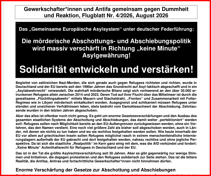 gewantifa1's tweet photo. https://t.co/0bwZ7UbCzX
Das „Gemeinsame Europäische Asylsystem“ unter deutscher Federführung:
Die mörderische Abschottungs- und Abschiebungspolitik
wird massiv verschärft in Richtung „keine Minute“
Asylgewährung!
Solidarität entwickeln und verstärken! https://t.co/CyRLzyDdnE