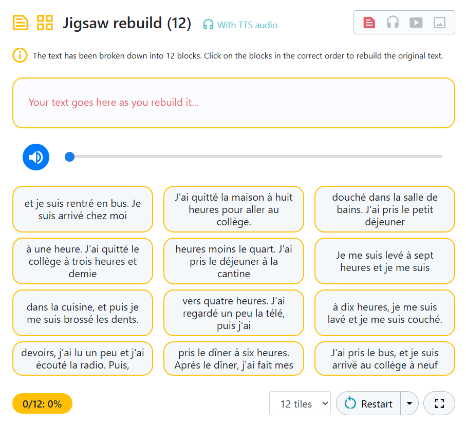 TextActivities's tweet photo. 1 text-rebuild activity, 4 separate modes 👇👇👇

1⃣ text rebuild (context only)
2⃣ dictation
3⃣ translation
4⃣ dictranslation

x multiple text-rebuild activity formats = 🤯
#mfltwitterati #langchat #mflchat #flteach https://t.co/tPtKNkjabs
