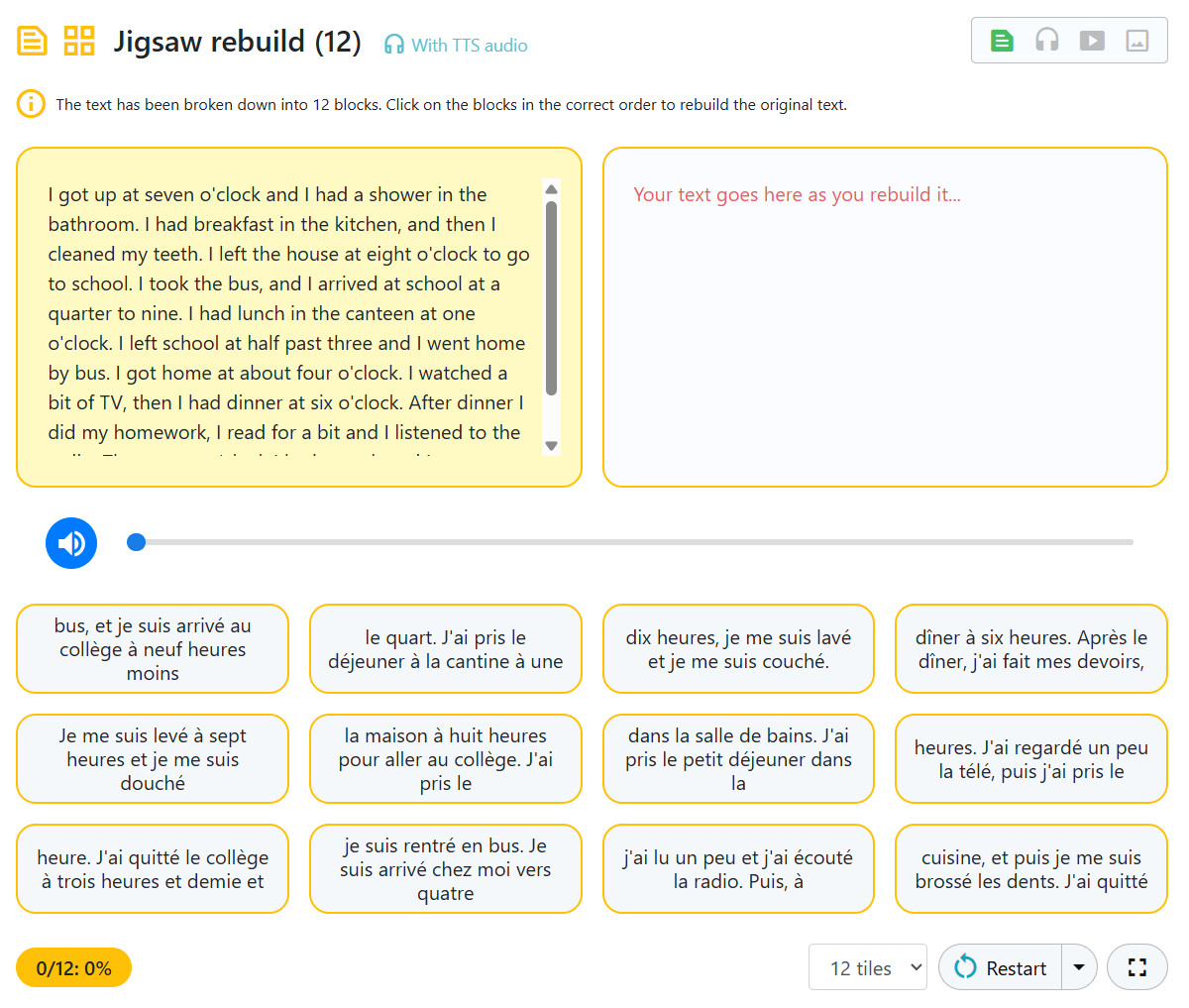 TextActivities's tweet photo. 1 text-rebuild activity, 4 separate modes 👇👇👇

1⃣ text rebuild (context only)
2⃣ dictation
3⃣ translation
4⃣ dictranslation

x multiple text-rebuild activity formats = 🤯
#mfltwitterati #langchat #mflchat #flteach https://t.co/tPtKNkjabs