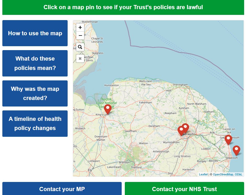 WRNNorfolk's tweet photo. None of the NHS trusts in Norfolk are operating lawful policies, @YvetteCooperMP @bphillipsonMP  @DHSCgovuk @EHRC.

The NNUH hospitals group has told staff this week that they are continuing to flout the law by allowing men who claim to be women into women's staff facilities and women's wards. It is "awaiting further information for the NHS and public sector." 

@nnuh, @JamesPagetNHS & @TeamQEH continue to defy the law and continuing to discriminate against the women who work for them, and their female patients, Secretary of State and Minister for Women & Equalities. It is time for action.

@akuareindorf @legalfeminist @WomensRightsNet 
@SEENinHealth  @SexMattersOrg @ForWomenScot @DarlingtonUnion
