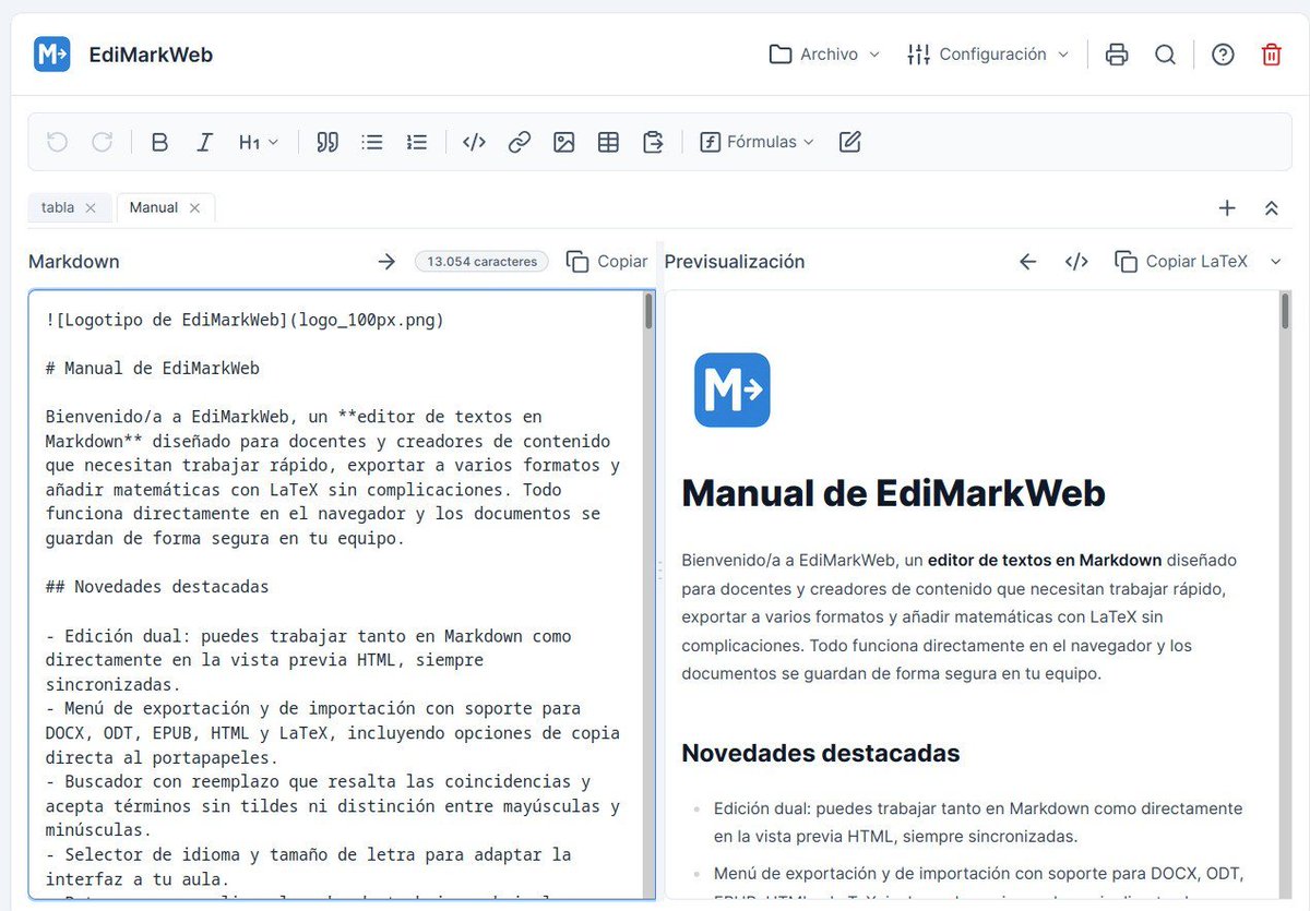 jjdeharo's tweet photo. Actualizado EdiMarkWeb: editor Markdown con importación y exportación a otros formatos
• Importación/exp. EPUB
• Imágenes y tablas en DOCX, ODT y EPUB
• Arrastrar y soltar documentos
• Menús reorganizados
• Correcciones en exportación e interfaz
https://t.co/1vylcg0NiK https://t.co/FblCf8Npi5