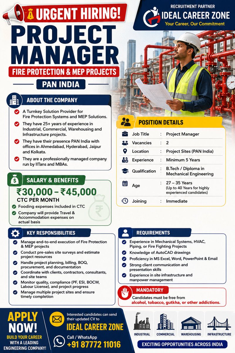 irshadisc's tweet photo. Job Title: Project Manager
Vacancies: 2
#Hiring, #ProjectManager, #MechanicalEngineer, #FireProtection, #ProjectSupervisor, #MechanicalJobs, #ElectricalJobs, #FireProtection, #MEP, #Piping, #SiteSupervisor, #EngineeringJobs, #IndustrialProjects, #ConstructionJobs, https://t.co/lIpBoub9TM