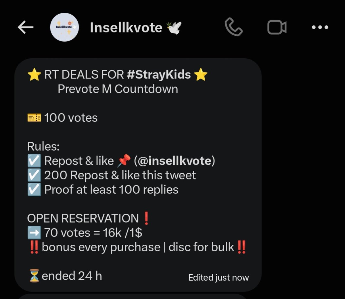 frecklesfelixeu's tweet photo. ⭐ RT DEALS FOR #StrayKids ⭐
            Prevote M Countdown

🎫 100 votes

Rules:
☑️ Repost &amp; like 📌 (@insellkvote)
☑️ 200 Repost &amp; like this tweet 
☑️ Proof at least 100 replies

OPEN RESERVATION❗️
➡️ 70 votes = 16k /1$
‼️bonus every purchase | disc for bulk‼️

⏳ended 24 h https://t.co/HhOlXEEcto
