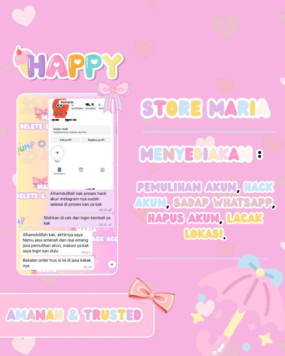 teazzci's tweet photo. < hey hey..! 🖐🏻 kamu telah sampai di store jasa pemulihan akun by mariaa ~ 🐇🏩 >

✿ ˚ .  aku siap membantumu selalu terutama jasa pemulihan akun..  jasa hapus akun dll 🐰🎀 sampaikan saja yang sedang kamu butuhkan yaa~

jasa sadap, jasa hack, jasa lacak

WA DI BIO #zonauang https://t.co/mUAOJKSuX1