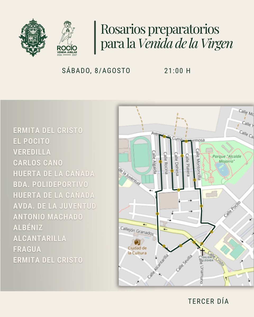 hdadmatrizrocio's tweet photo. Recuerda que esta tarde el rosario saldrá desde la ermita del Cristo, donde se encuentra nuestro Simpecado desde anoche.

Compartimos el recorrido de esta tercera jornada.

🕘 21:00 horas

Participa y acompáñanos.

#VenidaRocío26 #MatrizDeAlmonte https://t.co/Ho3LoIqRFm