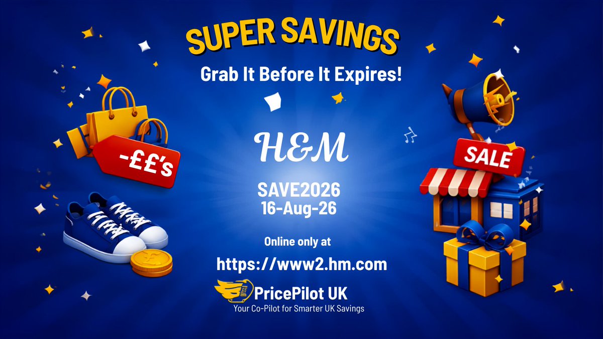 pricepilotuk's tweet photo. H&amp;M online voucher code expires 16/08/2026. Use this code to save ££ online! 💸✨ #DiscountCode #ShopSmart #SavingsAlert

#SaveMoney #DiscountCode #OnlineShopping #LimitedTimeOffer #ShopSmart #MoneySaver #PromoDeal #SavingsAlert #FlashSale 💸✨ #ShopOnline https://t.co/O9ouqaAbE8