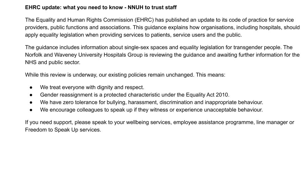 WRNNorfolk's tweet photo. None of the NHS trusts in Norfolk are operating lawful policies, @YvetteCooperMP @bphillipsonMP  @DHSCgovuk @EHRC.

The NNUH hospitals group has told staff this week that they are continuing to flout the law by allowing men who claim to be women into women's staff facilities and women's wards. It is "awaiting further information for the NHS and public sector." 

@nnuh, @JamesPagetNHS & @TeamQEH continue to defy the law and continuing to discriminate against the women who work for them, and their female patients, Secretary of State and Minister for Women & Equalities. It is time for action.

@akuareindorf @legalfeminist @WomensRightsNet 
@SEENinHealth  @SexMattersOrg @ForWomenScot @DarlingtonUnion
