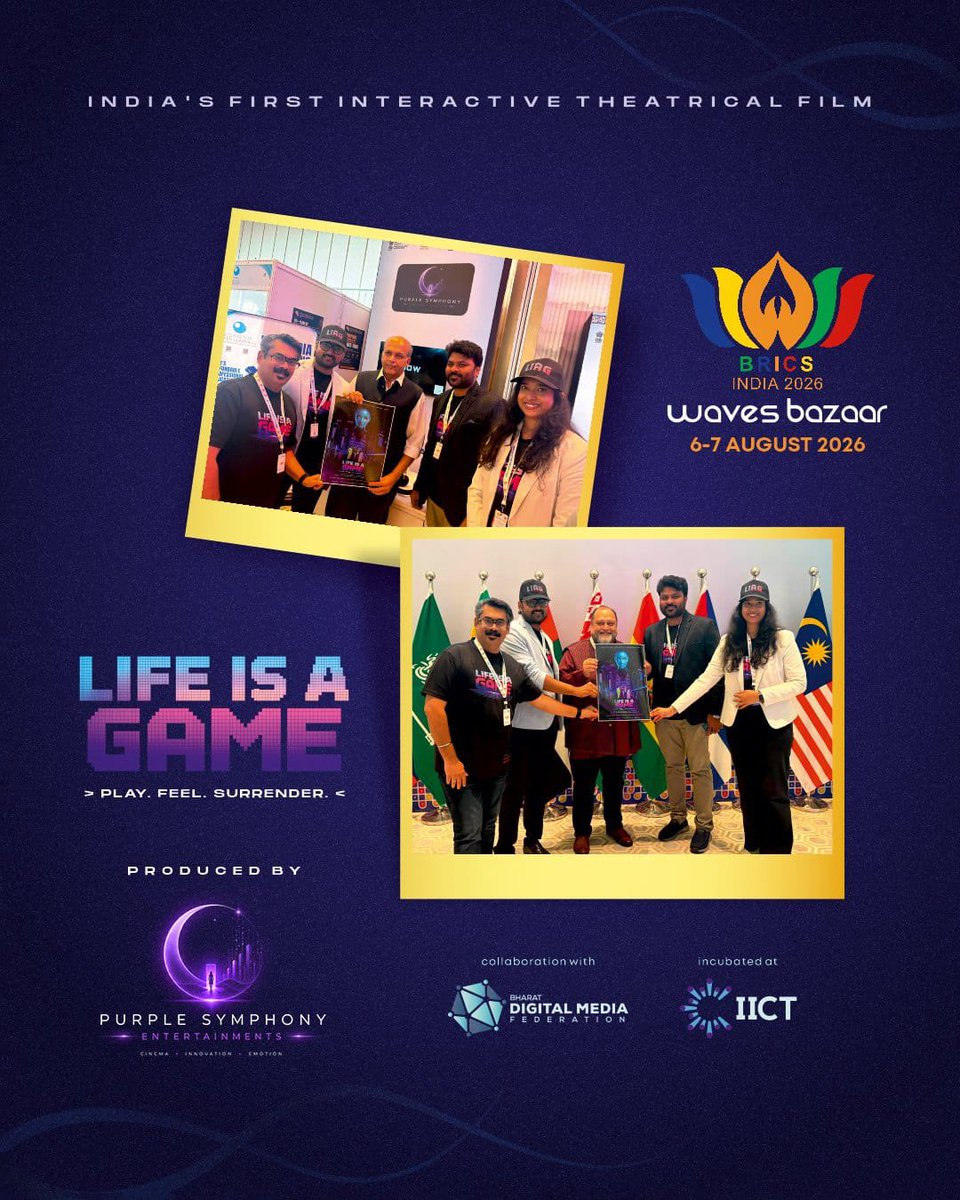 CinemaMadness24's tweet photo. Global stage meeda Indian Cinema kotha adugu

​India’s 1st interactive theatrical film #LifeIsAGame grandly launched at #BRICSWAVESBazaar 2026 by visionary filmmaker @AshGowariker & IICT Founding Director Ashish Kulkarni.

​A proud milestone for Indian storytelling on an international platform

​#BRICSWAVESBazaar #InteractiveCinema #BharatDMF #FutureOfStorytelling
​Produced by: @Purplesymphony8
Created by: @ramvamsikrishna | Produced by: @MallikaU
In collaboration with: @BharatDMF @ViswaCM1 @VipinUnni
Incubated at: @TheIICT under WAVEX initiative, Ministry of I&B, Govt of India.
