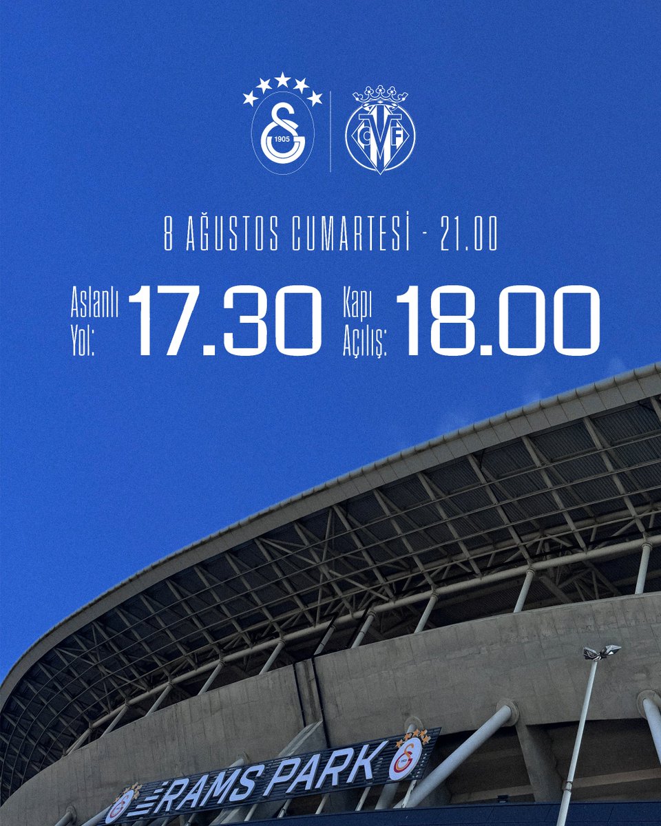 GalatasaraySK's tweet photo. 🦁 Galatasarayımızın, Villarreal CF ile oynayacağı hazırlık karşılaşması için RAMS Park’ın kapıları saat 18.00’de, Aslanlı Yol ise saat 17.30’da taraftarlarımıza açılacaktır. 🏟️ https://t.co/ChWZ9u5rtY